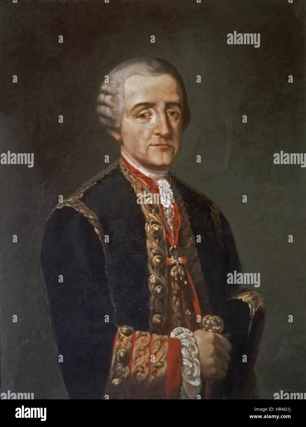 Pedro Pablo Abarca de Bolea, conte di Aranda, era un nobile spagnolo noto per la sua influenza politica. I ritratti di lui spesso raffigurano il suo status aristocratico, con particolare attenzione al suo abbigliamento e alla sua nobile portanza. Foto Stock