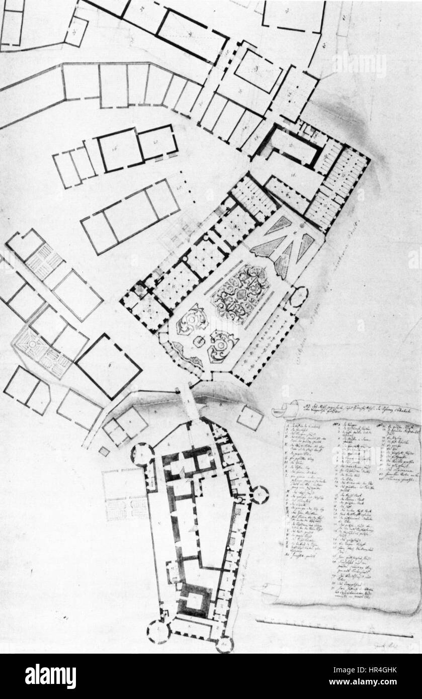 Il "Plan der Residenzstadt Meersburg Pozzi 1740" è una mappa della città di Meersburg, Germania, disegnata da Pozzi nel 1740. Offre una vista dettagliata del layout e della struttura della città durante il XVIII secolo, evidenziando la sua architettura storica e lo sviluppo urbano. Foto Stock