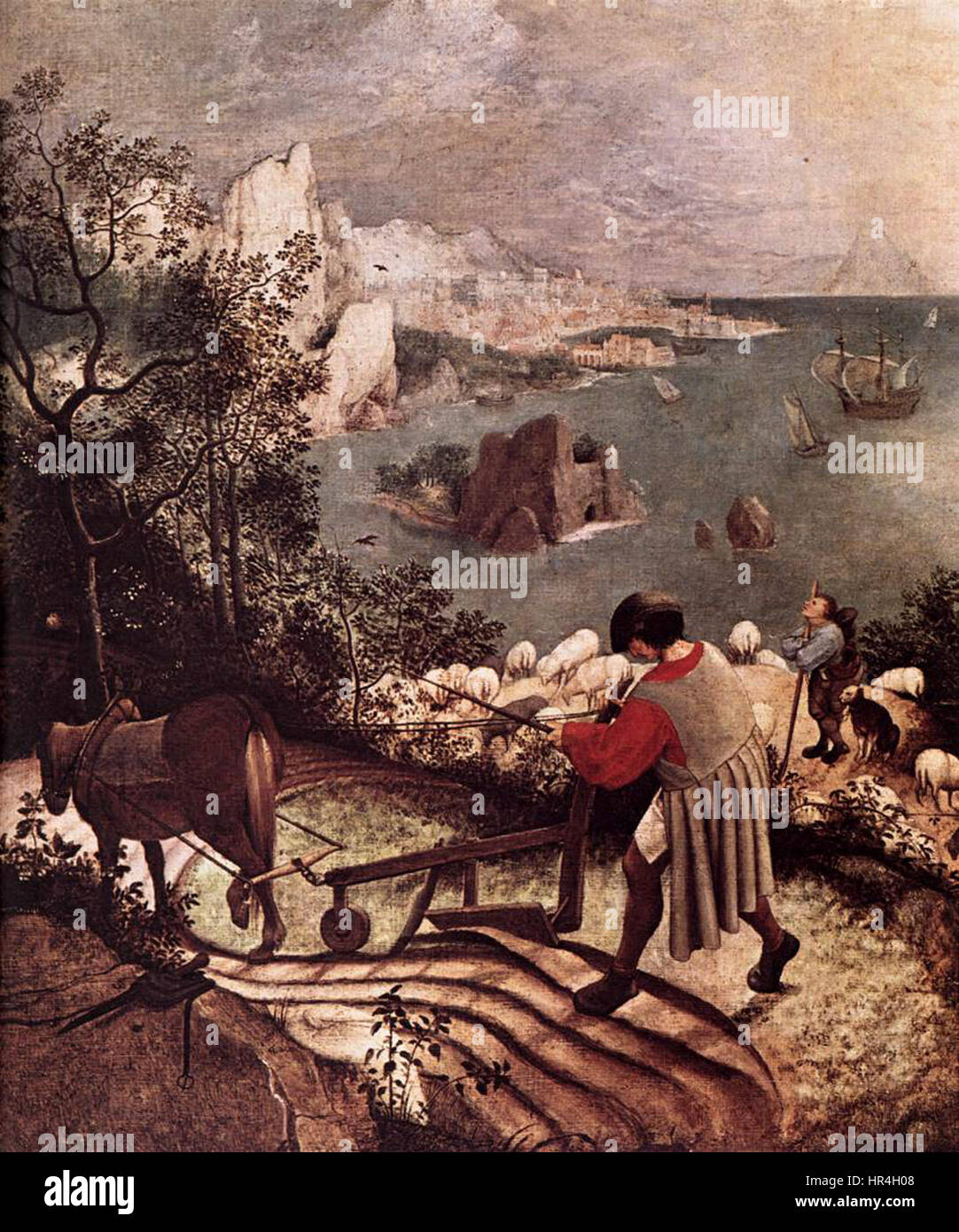 Il "paesaggio con la caduta di Icaro" di Pieter Bruegel il Vecchio (dettaglio) cattura un momento di tragedia mitologica nel contesto della vita quotidiana. Il dipinto giustappone la caduta di Icaro a una scena rurale mondana, evidenziando l'abilità di Bruegel nel mescolare allegoria e realismo. Foto Stock