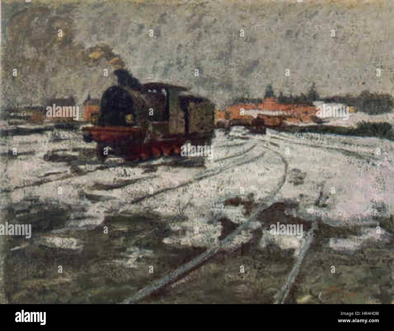 Questo dipinto, «Lokomotive im Schnee beim Stuttgarter Nordbahnhof» (locomotiva nella neve alla stazione nord di Stoccarda), di Pleuer, raffigura una locomotiva che passa attraverso una scena innevata. Il forte contrasto tra la macchina e la neve circostante sottolinea il progresso tecnologico dell'epoca. Foto Stock