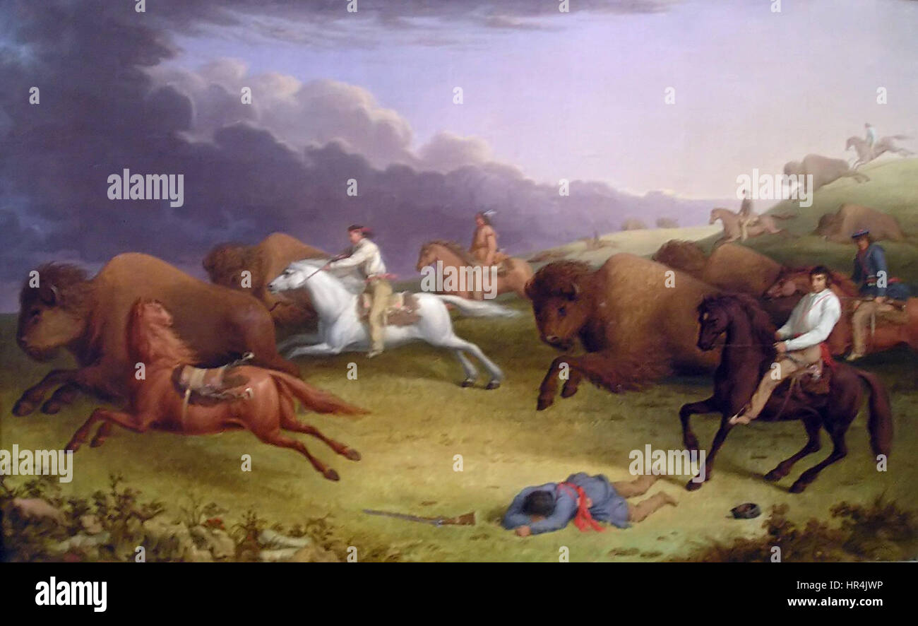 La "caccia ai bufali" di Paul Kane raffigura la scena drammatica ed energica dei popoli indigeni che cacciano i bufali nelle pianure del Nord America. Questo lavoro mette in evidenza l'abilità di Kane nel catturare la cultura dei nativi americani e la grandezza del paesaggio naturale. Foto Stock