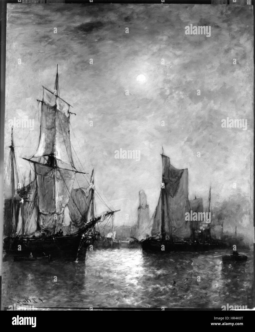 "Moonlight in Holland" di Paul-Jean Clays è una splendida rappresentazione di un paesaggio olandese di notte. Il pezzo cattura l'atmosfera serena di una scena al chiaro di luna sull'acqua, riflettendo l'abilità di Clays nel ritrarre la luce, il riflesso e la tranquillità del cielo notturno. Foto Stock