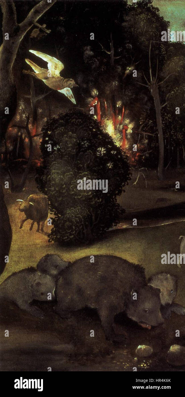 "Incendio nella foresta" di Piero di Cosimo raffigura un incendio boschivo, mettendo in evidenza il drammatico impatto delle forze della natura. Il dipinto cattura sia la bellezza che la distruzione del mondo naturale. Foto Stock