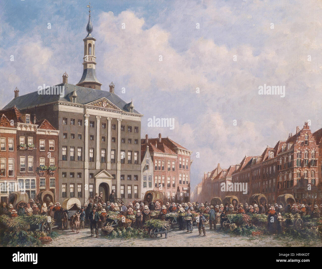 "Blick auf den Markt in Bois-le-Duc" di Petrus Gerardus Vertin (Vista del mercato di Bois-le-Duc) ritrae una vivace scena di una piazza del mercato, con venditori e cittadini impegnati nel commercio quotidiano. Il pezzo riflette l'attenzione dell'artista nel catturare scene della vita quotidiana nel XIX secolo. Foto Stock