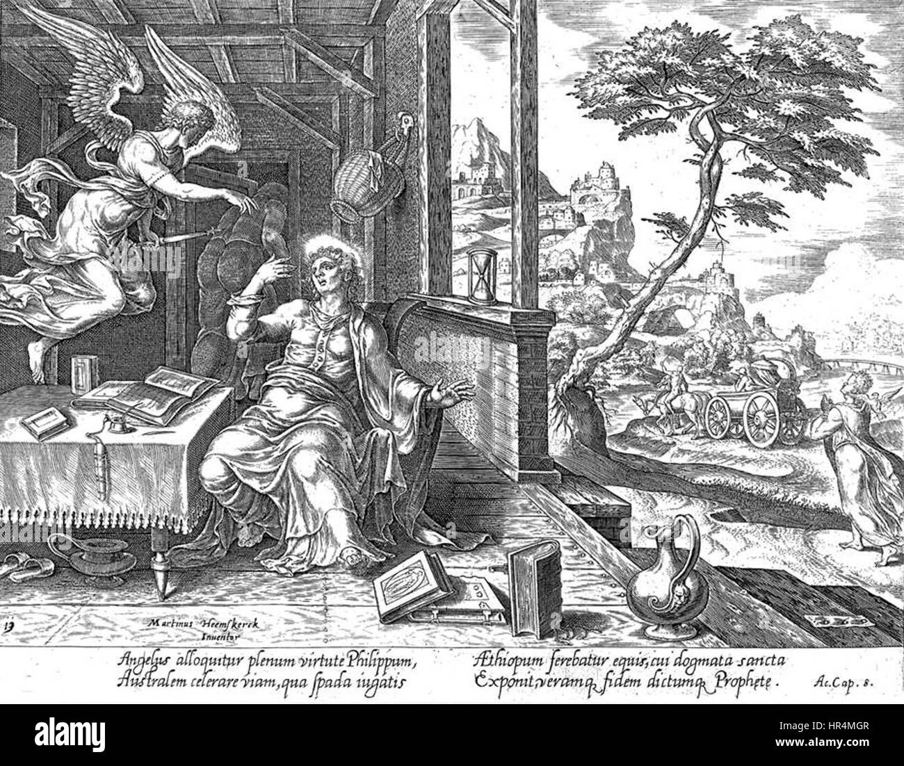 L'incisione di Philips Galle ritrae la scena biblica di un angelo che appare a San Filippo. L'opera combina il simbolismo religioso con uno stile di incisione chiaro e dettagliato che era popolare durante il Rinascimento. Foto Stock