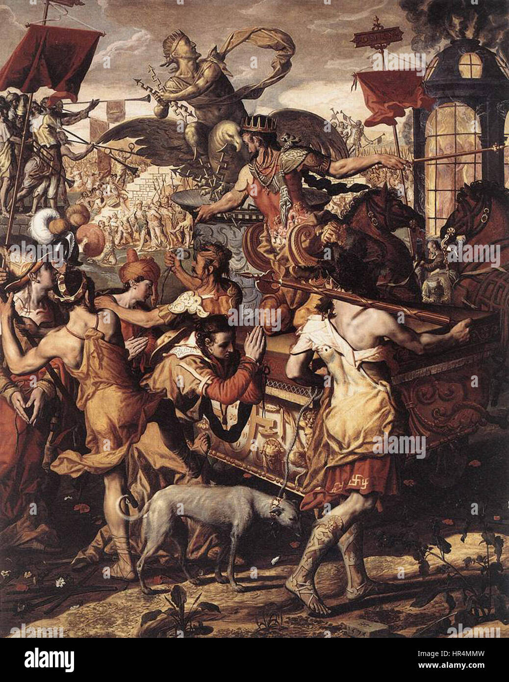 "I tre giovani nella fornace ardente" di Pieter Pietersz. (I) raffigura la scena biblica di Shadrach, Meshach e Abednego, che furono gettati in una fornace ardente per essersi rifiutati di adorare un idolo. Il dipinto cattura il momento drammatico dell'intervento divino, con i giovani illesi dalle fiamme. Foto Stock