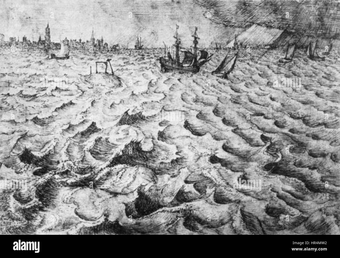 "Seascape with a View of Anversa" di Pieter Bruegel il Vecchio presenta una vista panoramica della città di Anversa e del suo porto, mostrando la vivace attività del porto. Il dipinto combina l'osservazione dettagliata dell'ambiente naturale con l'intricata rappresentazione della vita umana e del commercio, caratteristica dello stile paesaggistico di Bruegel. Foto Stock