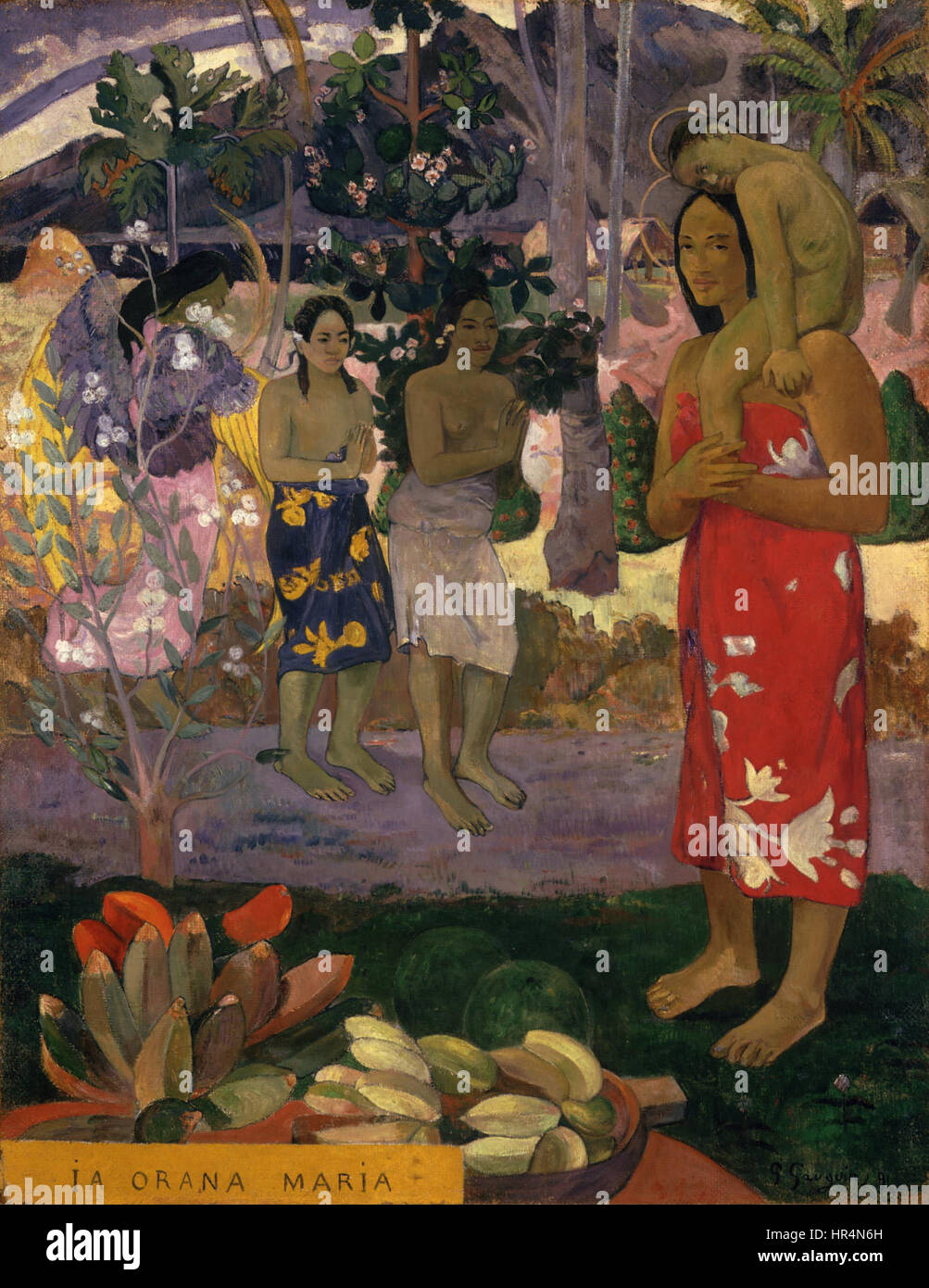 "Ia Orana Maria" di Paul Gauguin (Ave Maria) ritrae la Vergine Maria in un ambiente tahitiano, combinando temi religiosi con una vibrante cultura polinesiana, utilizzando colori audaci tipici delle sue opere successive. Foto Stock