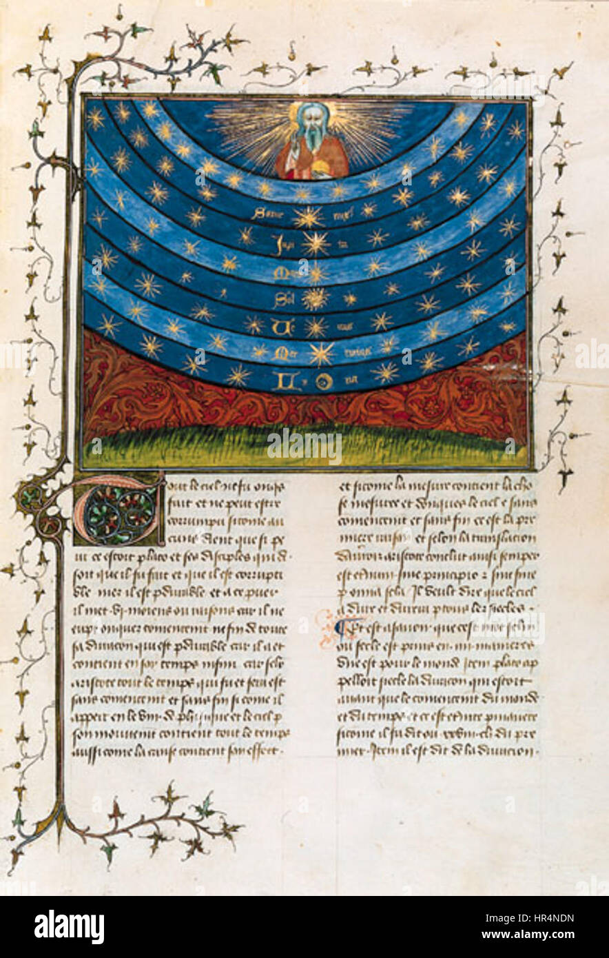 Le "sfere Oresme" si riferiscono alla rappresentazione delle sfere celesti nella cosmologia medievale, attribuita al filosofo e scienziato Nicole Oresme. L'opera illustra la vista geocentrica dell'universo, con la Terra al centro circondata da sfere concentriche che rappresentano corpi celesti. Foto Stock