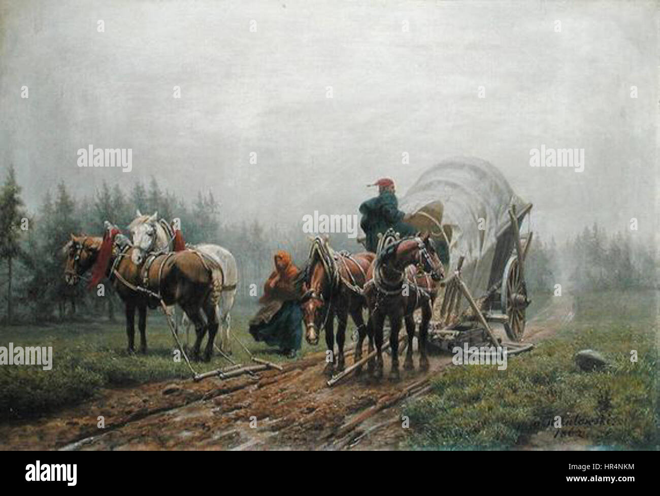 "Il carro merci rotto" di Nikutowski del 1862 raffigura un momento di lotta industriale, mostrando un carro merci in avaria. Questo dipinto cattura le crude realtà della rivoluzione industriale e il suo impatto sui trasporti nel XIX secolo. Foto Stock