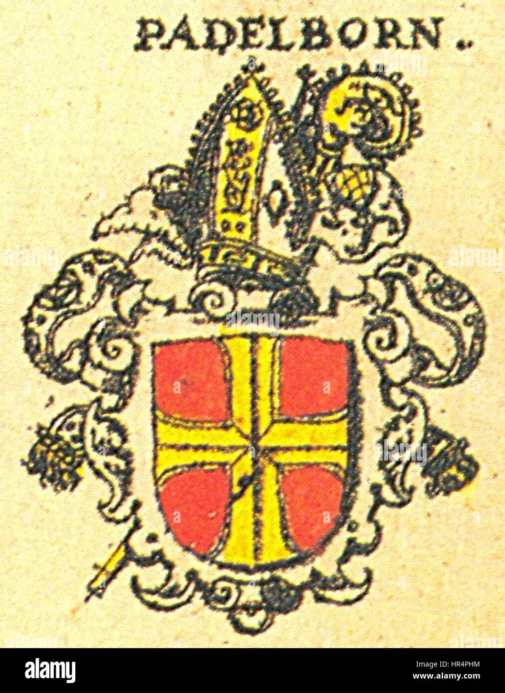 Lo stemma * della Diocesi di Padelborn* rappresenta l'identità religiosa e storica della diocesi in Germania, con simboli dell'autorità e del patrimonio della Chiesa. Foto Stock