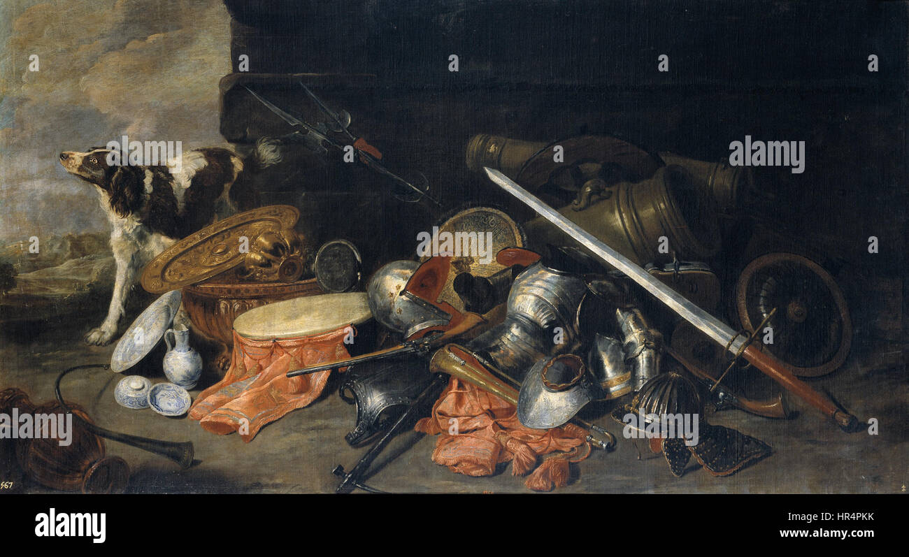 "Armas y Petréchos de Guerra" di Peeter Boel raffigura una disposizione di armi e attrezzature militari in natura morta, mostrando la competenza dell'artista nel catturare oggetti dettagliati e il loro significato simbolico durante il XVII secolo. Foto Stock