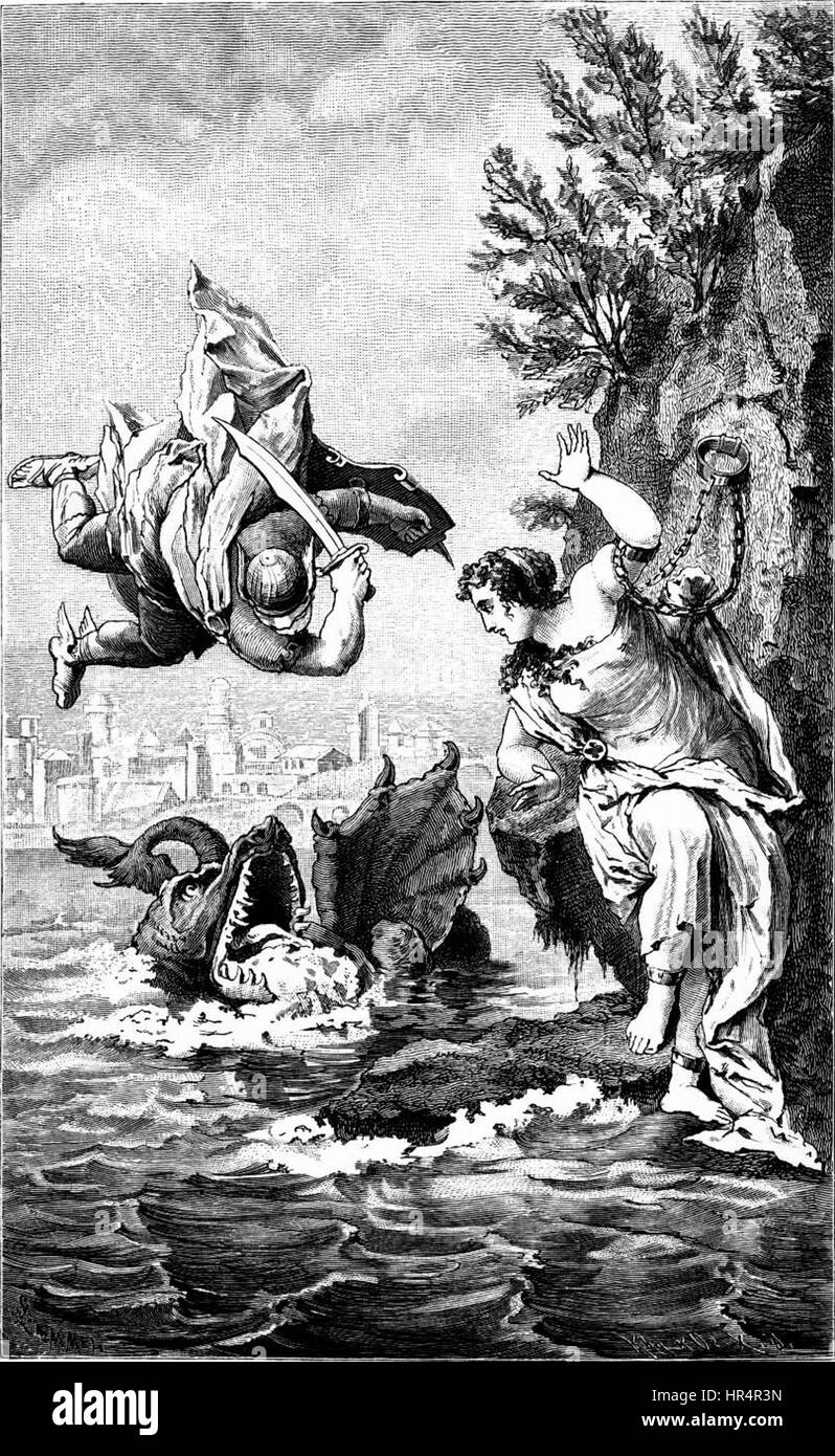 "Perseo e Andromeda" è un dipinto mitologico classico, che illustra il momento in cui Perseo salva Andromeda dal mostro marino. L'opera cattura il dramma e l'emozione del mito, enfatizzando i temi dell'eroismo e dell'intervento divino nella mitologia greca. Foto Stock