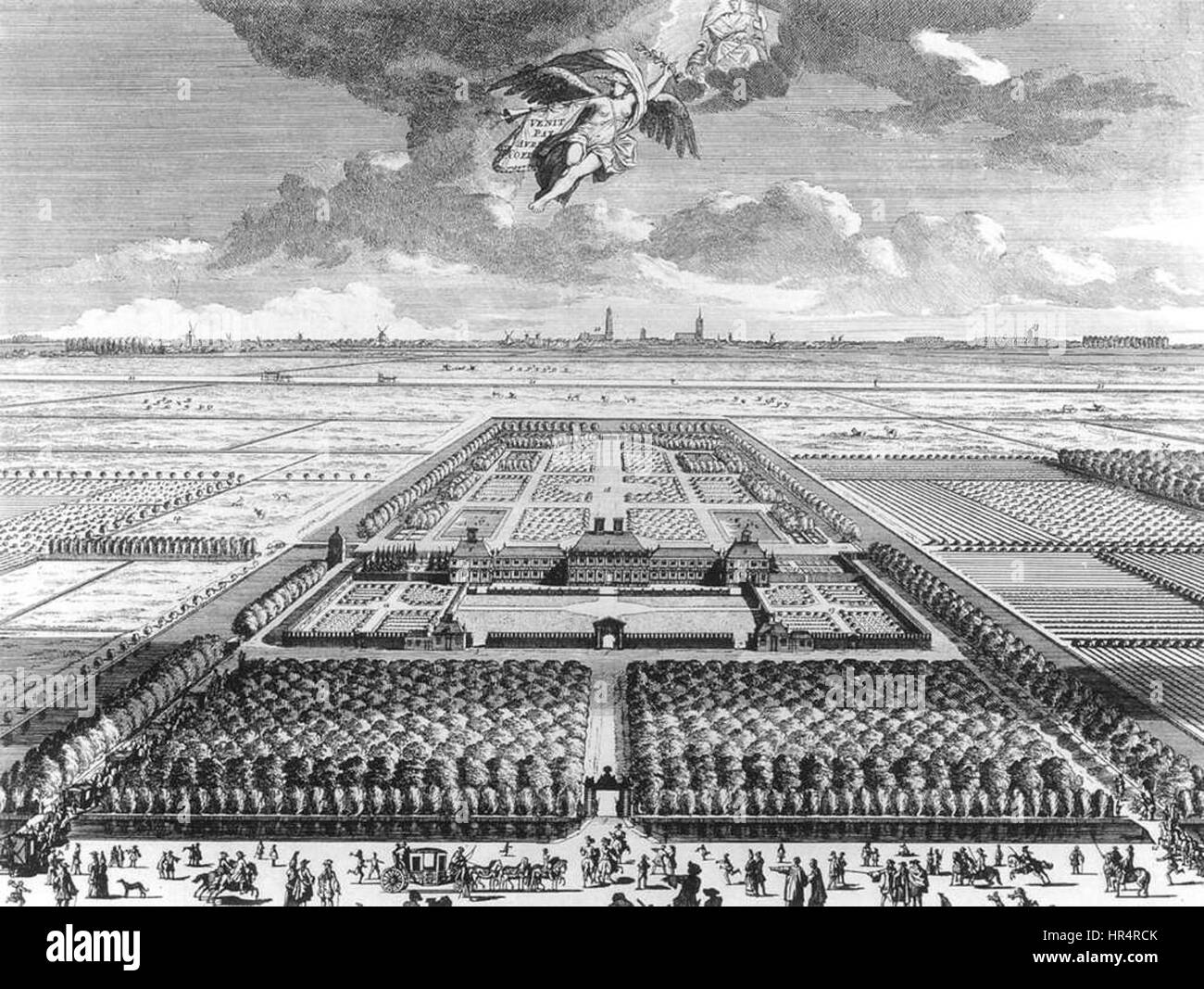 La «Bird’s-Eye View of the Huis ter Nieuburch at Rijswijck» di Pieter Schenck offre una vista aerea dettagliata della Huis ter Nieuburch, una tenuta storica dei Paesi Bassi. Le opere d'arte mettono in risalto le caratteristiche architettoniche della tenuta e dei suoi dintorni. Foto Stock