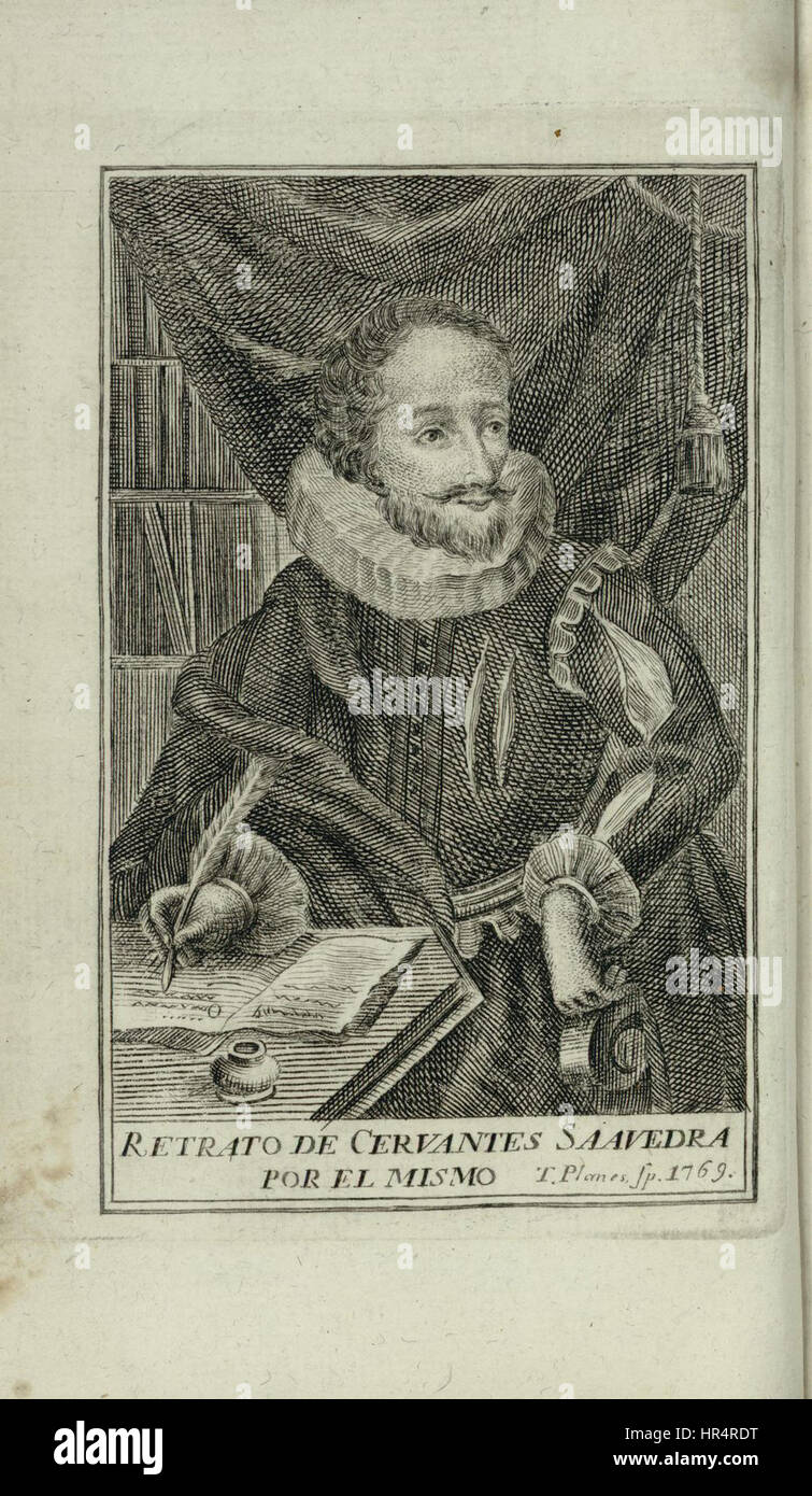 Planes-Cervantes è una rappresentazione del famoso autore spagnolo Miguel de Cervantes. Questa opera d'arte esplora l'eredità letteraria di Cervantes attraverso un ritratto classico che enfatizza la sua statura intellettuale. Foto Stock