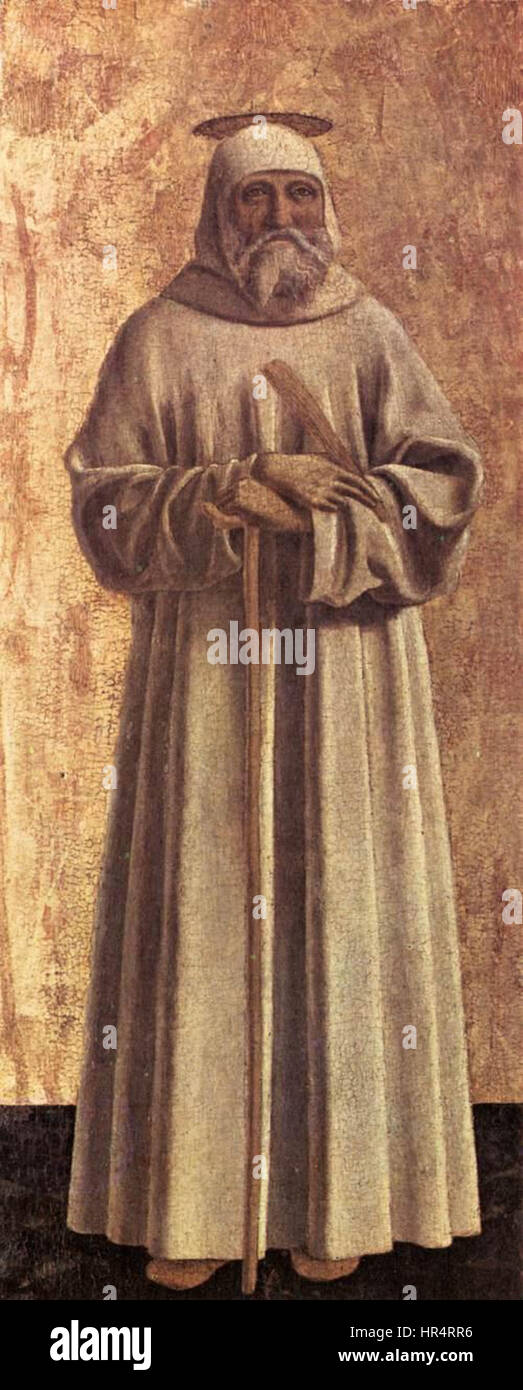Un segmento tratto dal "polittico della Misericordia" di Piero della Francesca, con San Benedetto. Questa pala d'altare rinascimentale dimostra la padronanza di Francesca nella prospettiva e nei temi religiosi. Foto Stock Un segmento tratto dal "polittico della Misericordia" di Piero della Francesca, con San Benedetto. Questa pala d'altare rinascimentale dimostra la padronanza di Francesca nella prospettiva e nei temi religiosi. Foto Stock