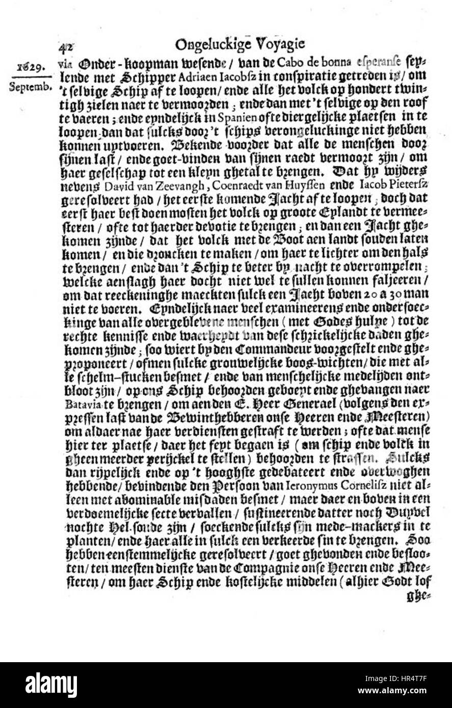 L'incisione "Ongeluckige voyagie vant schip Batavia" (lo sfortunato viaggio della nave Batavia) raffigura i tragici eventi che circondano il naufragio della nave della compagnia olandese delle Indie Orientali nel 1629. Il pezzo cattura il caos e le difficoltà affrontate dall'equipaggio e dai passeggeri durante il disastro. Foto Stock