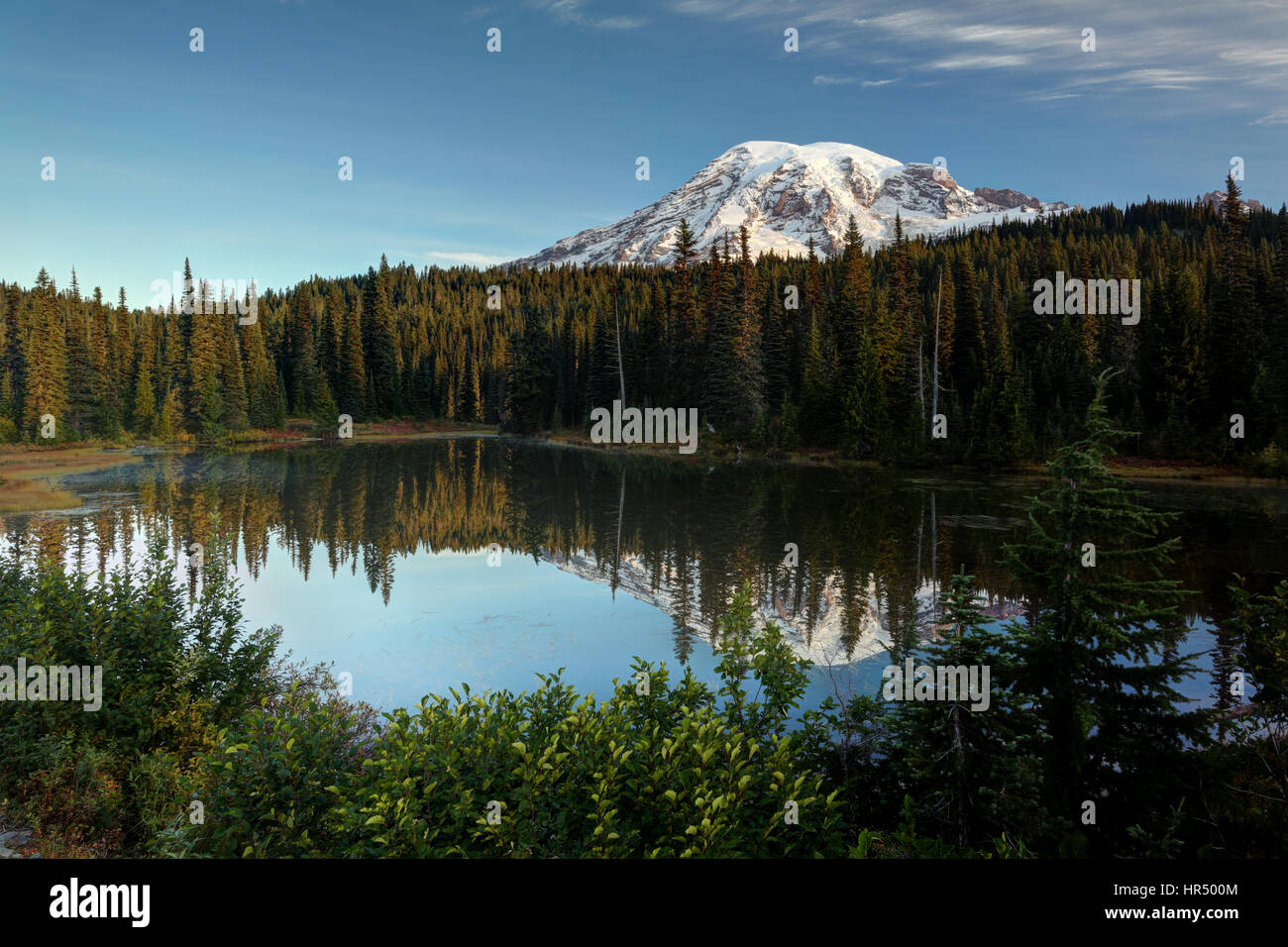 Mount Rainier riflessa nel lago di riflessione, il Parco Nazionale del Monte Rainier, Washington, Stati Uniti d'America Foto Stock