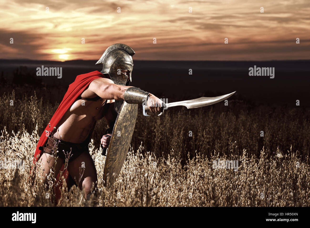 Tonalità seppia colpo di un muscolare soldato greco combattimenti con la spada copyspace Foto Stock