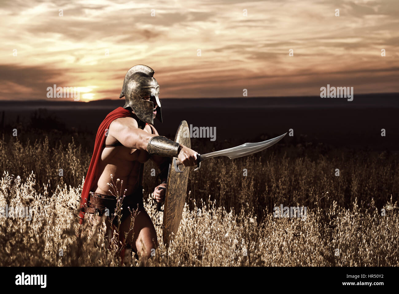 Tonalità seppia ritratto di un muscolare soldato spartano che indossa un casco e un capo di guardia contro il suo nemico con uno scudo che tiene una spada in mano co Foto Stock
