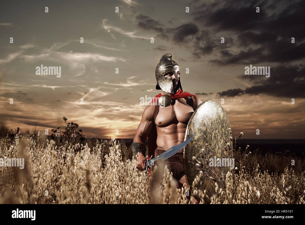 Tonalità seppia colpo di un potente muscolare legionario romano soldato in una battledress in piedi da solo nel campo su crepuscolo tenendo la sua spada e scudo co Foto Stock