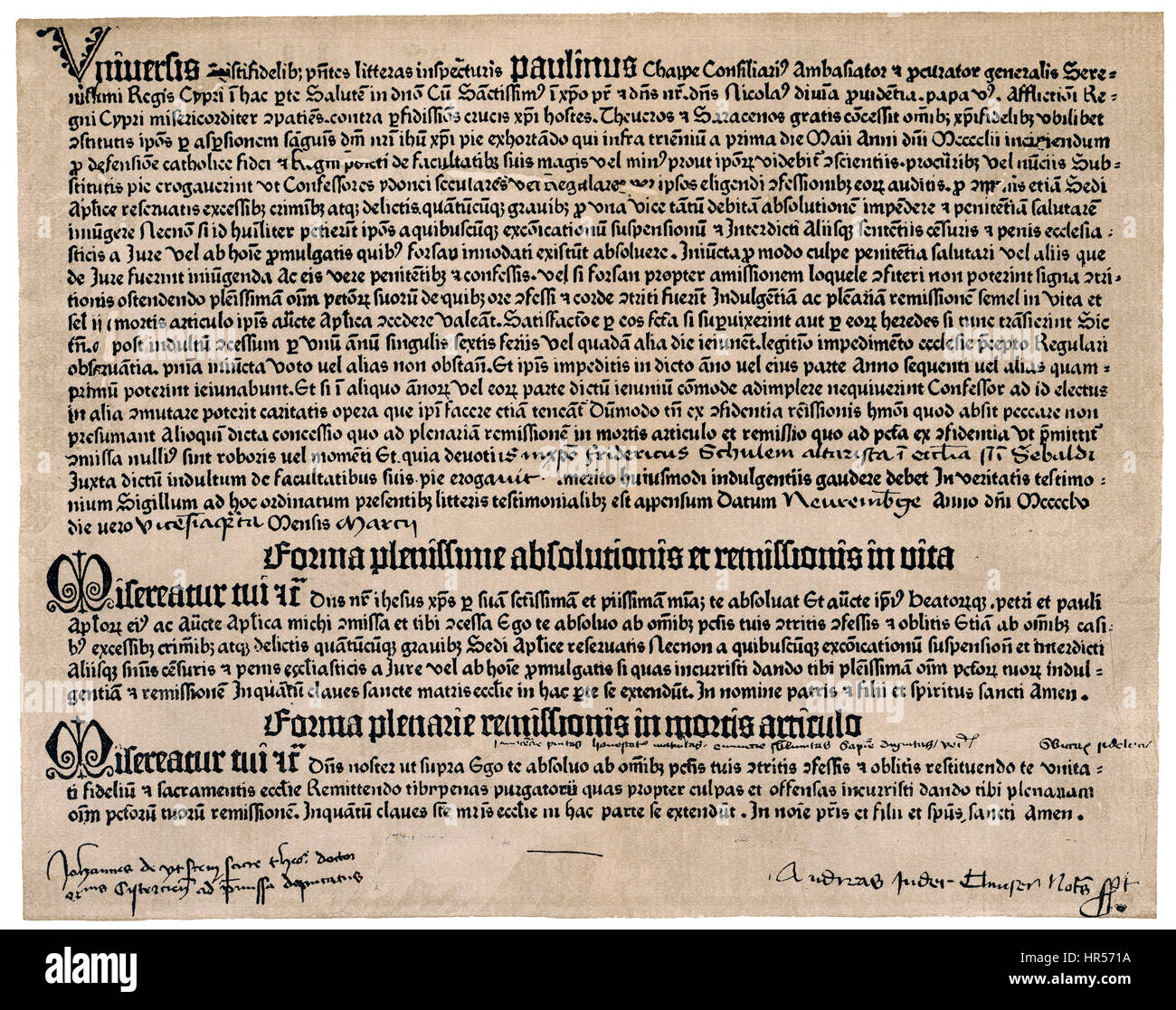 Il tedesco lettera di indulgenza, 1445, stampata da Johannes Gensfleisch zur Laden zum Gutenberg, circa 1400 - 1468 Foto Stock