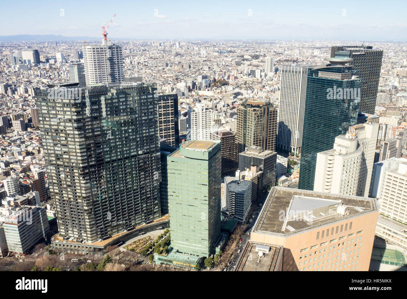 Vista panoramica della metropoli di Tokyo dalla piattaforma di osservazione della Torre Nord del Governo Metropolitano di Tokyo complesso edilizio in Shinjuku. Foto Stock