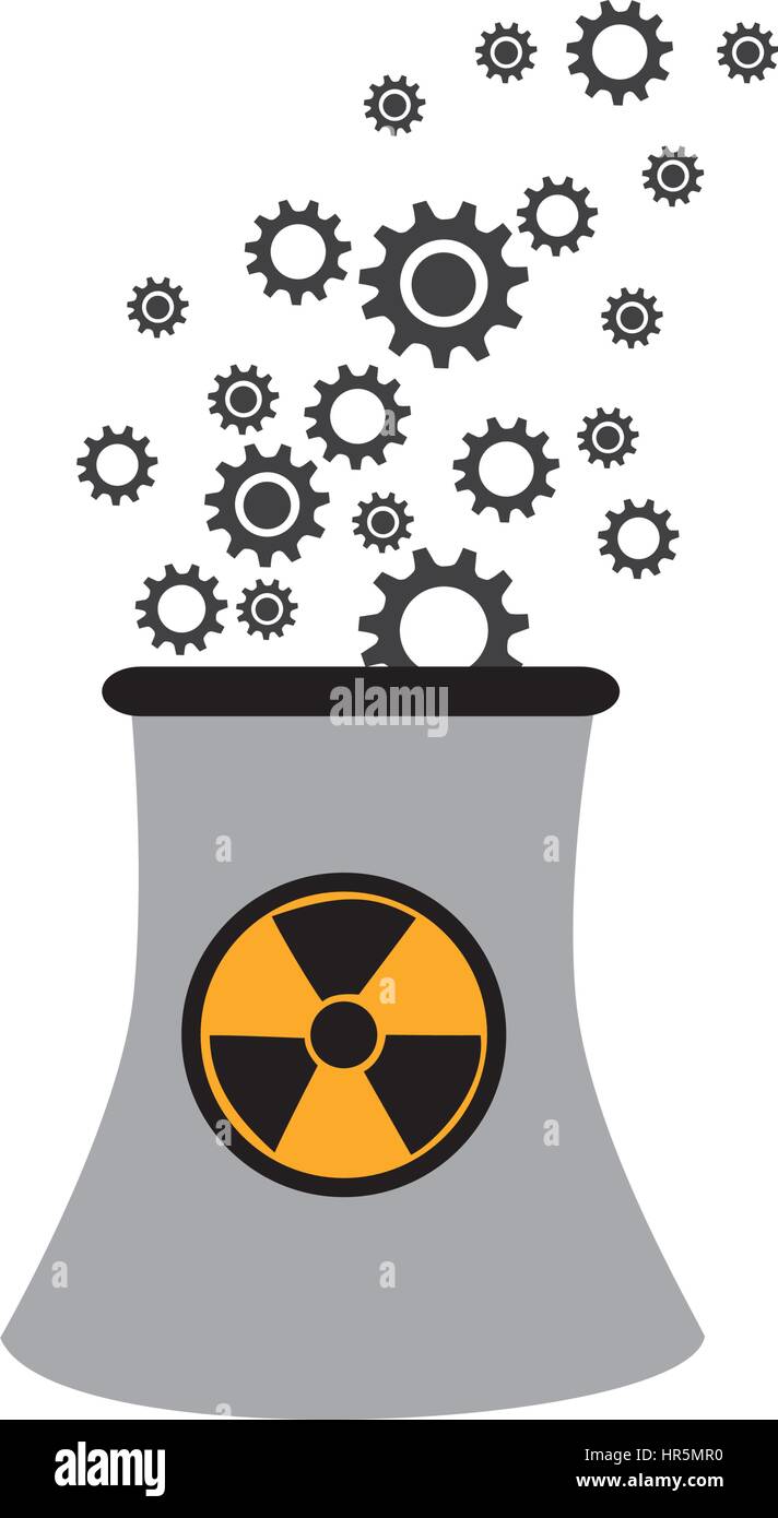 Silhouette monochorme reattore nucleare con simbolo di pericolo Illustrazione Vettoriale
