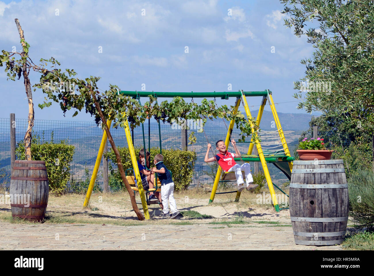 Ragazzo sul parco giochi swing, Sardegna, Italia, Europa Foto Stock