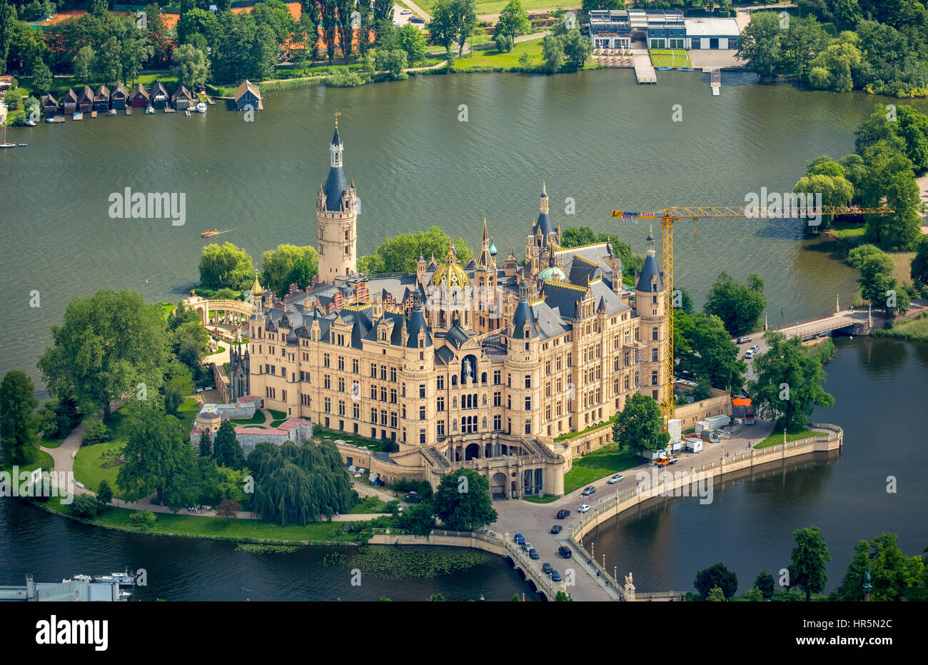 Castello di Schwerin, il giardino del castello, il Lago Burgsee, lago Schweriner vedere, Schwerin, Meclemburgo-Pomerania Occidentale, Germania Foto Stock