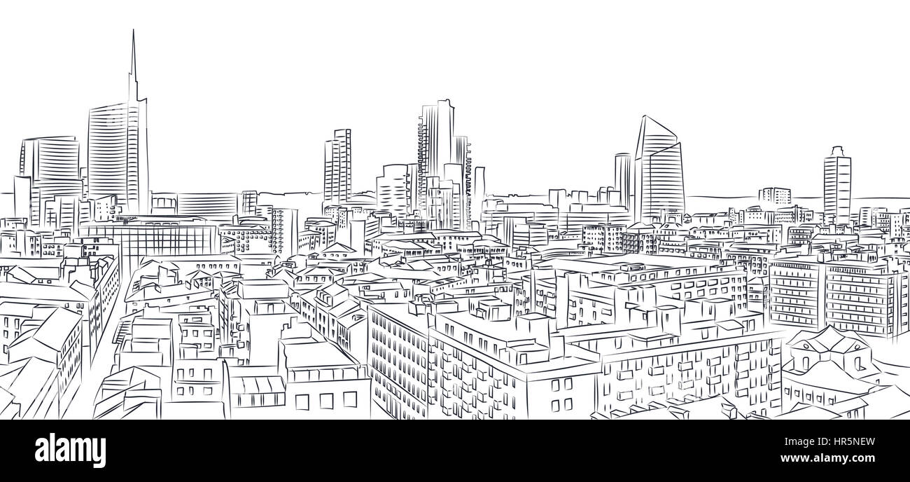 Nuovo skyline di Milano, disegno a mano libera. Il Diamond Tower e grattacieli, Torre Solaria, Unicredit Tower, quartiere di Brera, Italia Foto Stock