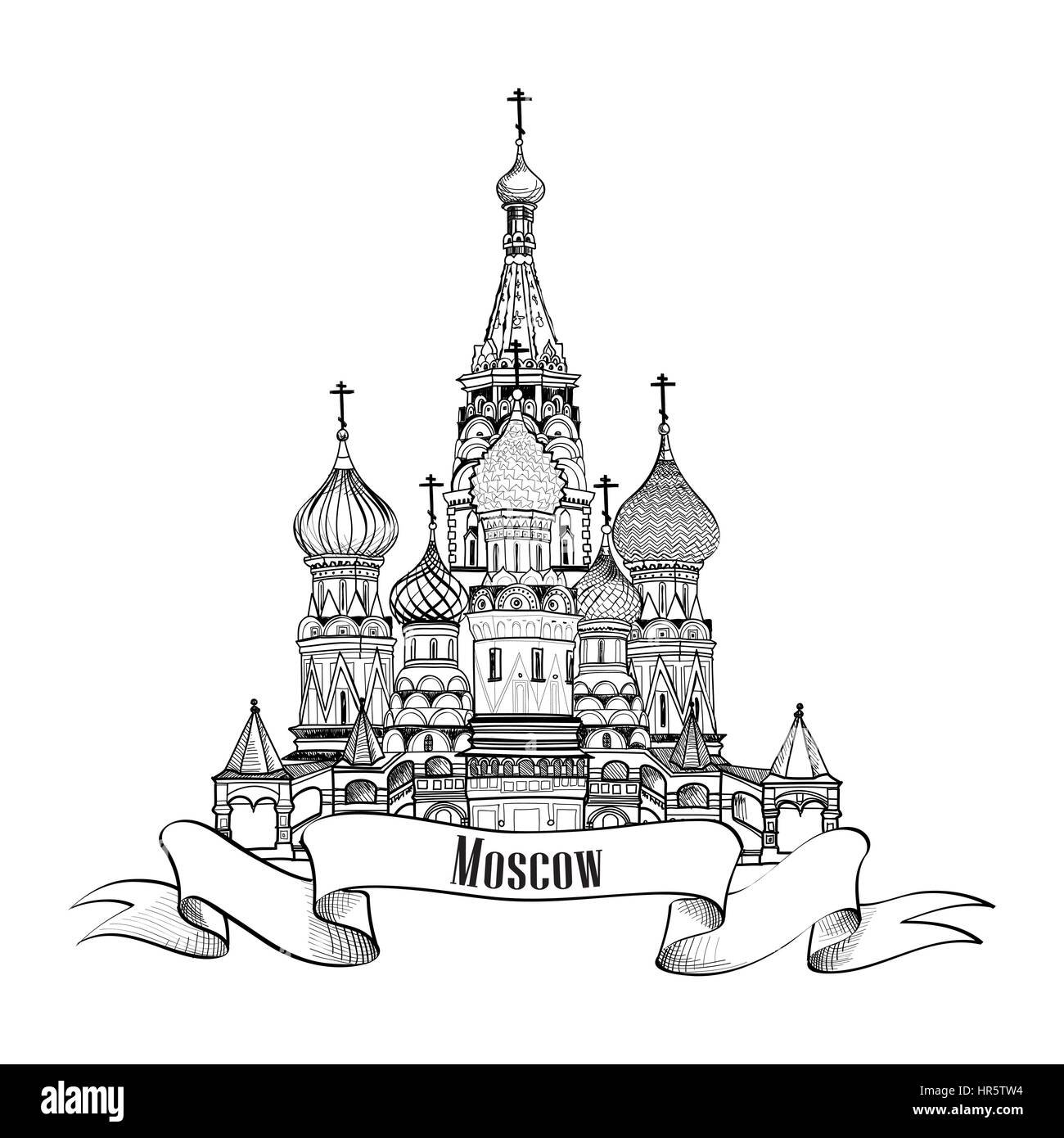 Mosca simbolo della città. Cattedrale di San Basilio, piazza rossa, il Cremlino di Mosca, Russia. viaggio vettore icona mano bozzetto illustrazione. Illustrazione Vettoriale