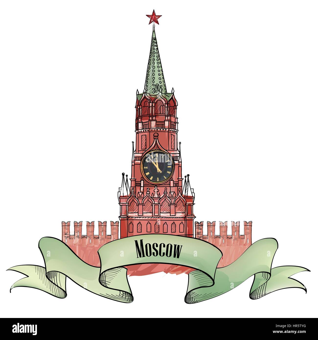 Mosca simbolo della città. spasskaya tower, piazza rossa, il Cremlino di Mosca, Russia. Icona del viaggio schizzo illustrazione vettoriale. Illustrazione Vettoriale