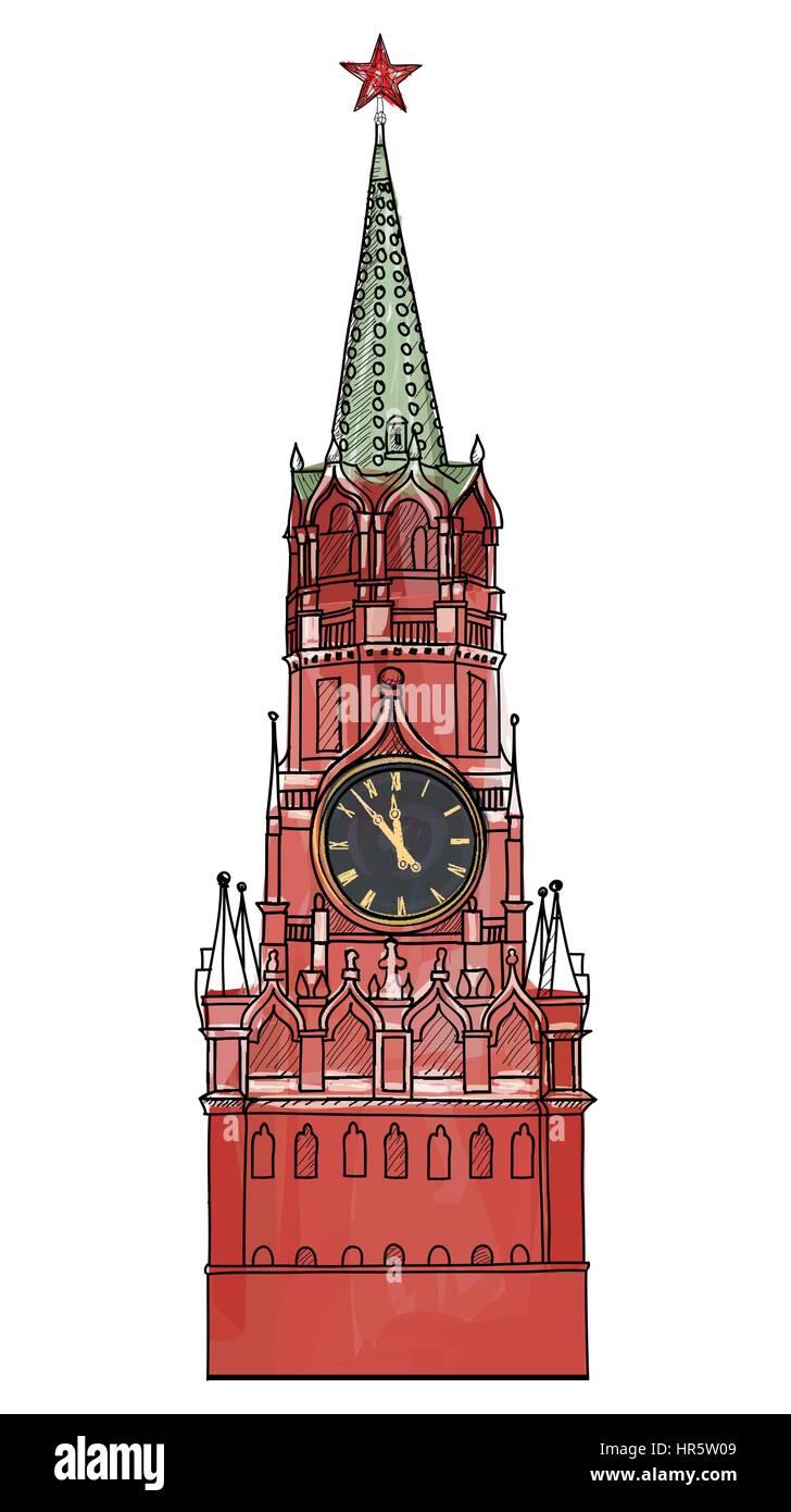 Mosca simbolo della città. spasskaya tower, piazza rossa, il Cremlino di Mosca, Russia. Icona del viaggio schizzo illustrazione vettoriale. Illustrazione Vettoriale