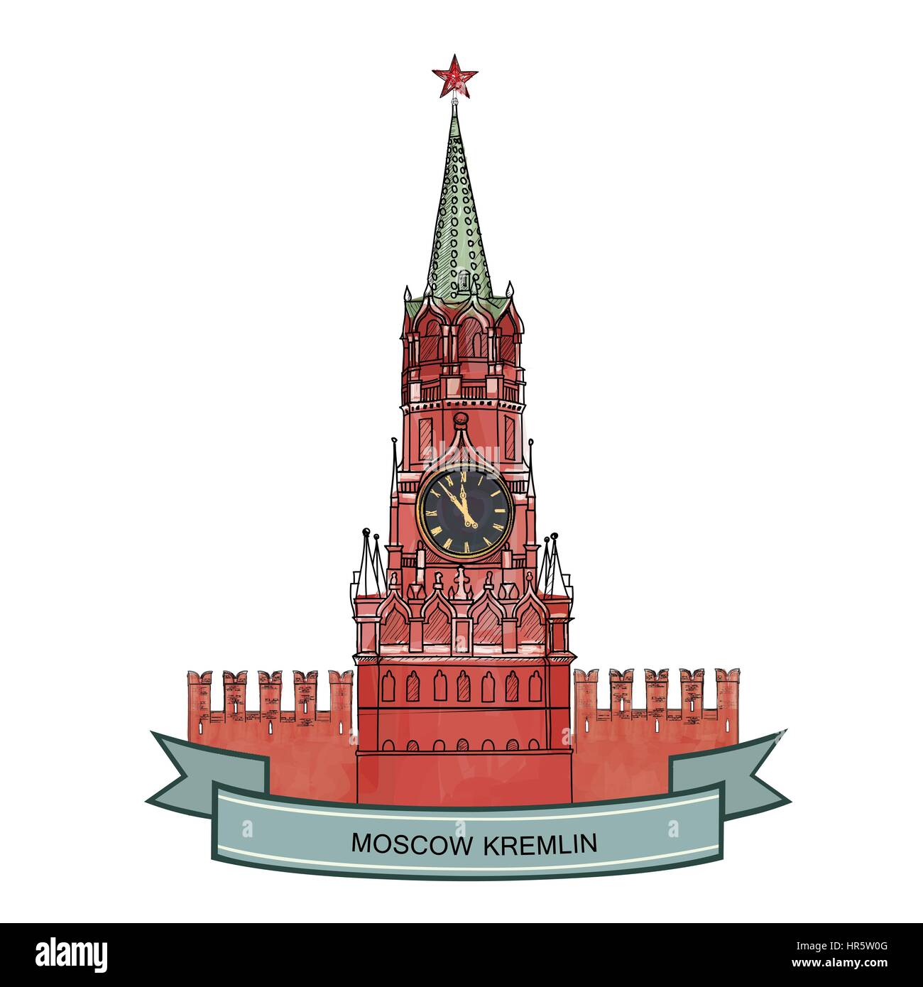 Torre spasskaya, piazza rossa, il Cremlino di Mosca, Russia moscow city etichetta. Icona del viaggio il vettore disegnati a mano illustrazione. Illustrazione Vettoriale