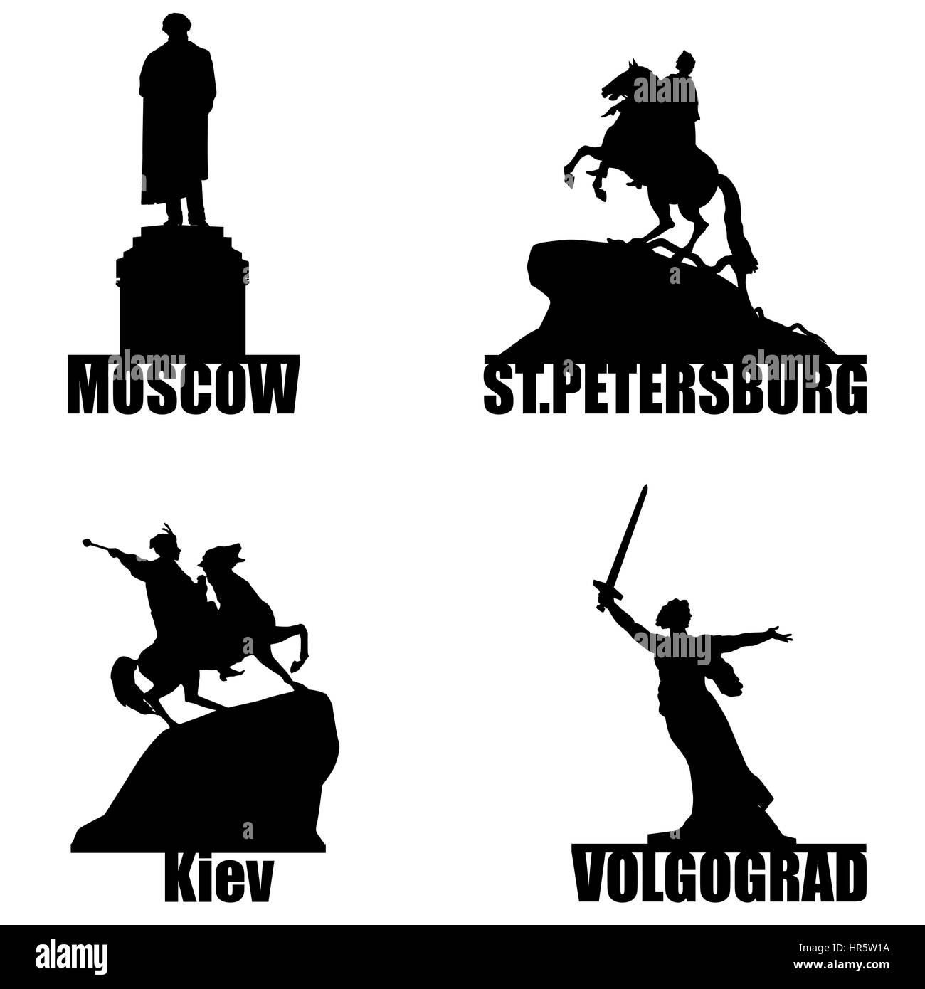 Città russa symbol set silhouette. Mosca, st petersbrg, volgorad e ucraina di Kiev Illustrazione Vettoriale