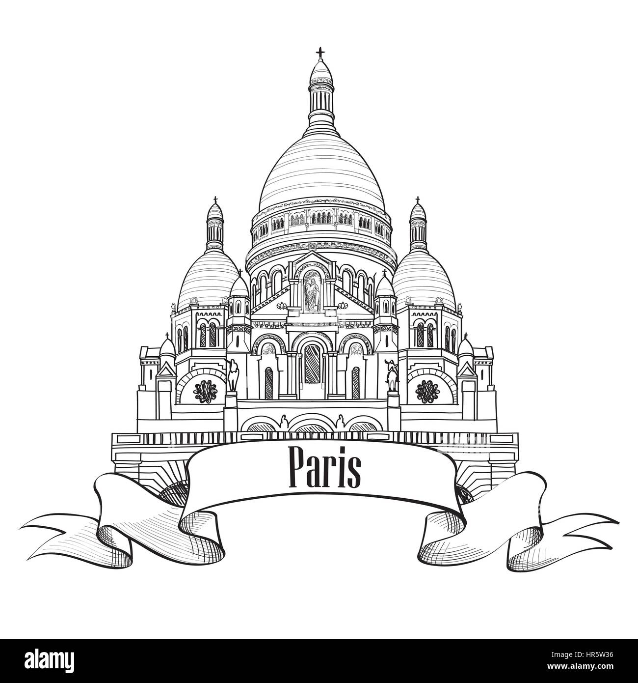 Punto di riferimento di Parigi la basilica del Sacro Cuore di Parigi edificio simbolo di Montmartre. Viaggi Parigi segno inciso. mano bozzetto. Illustrazione Vettoriale