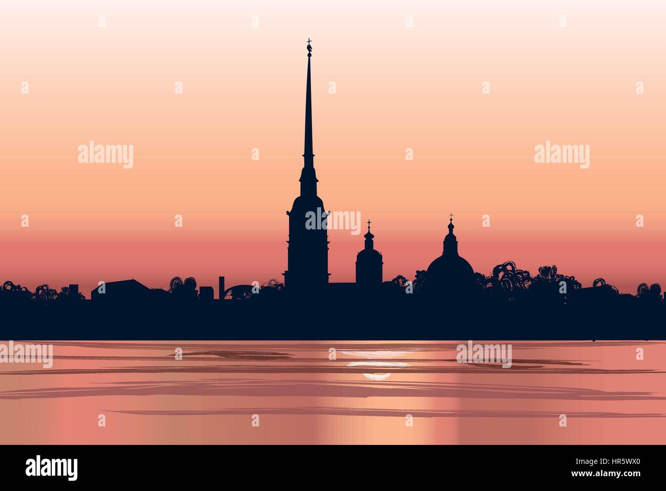 San Pietroburgo landmark, Russia. san pietro e paolo cattedrale e fortezza, sunrise vista dal fiume Neva. russo cityscape silhouette backgr vettore Illustrazione Vettoriale