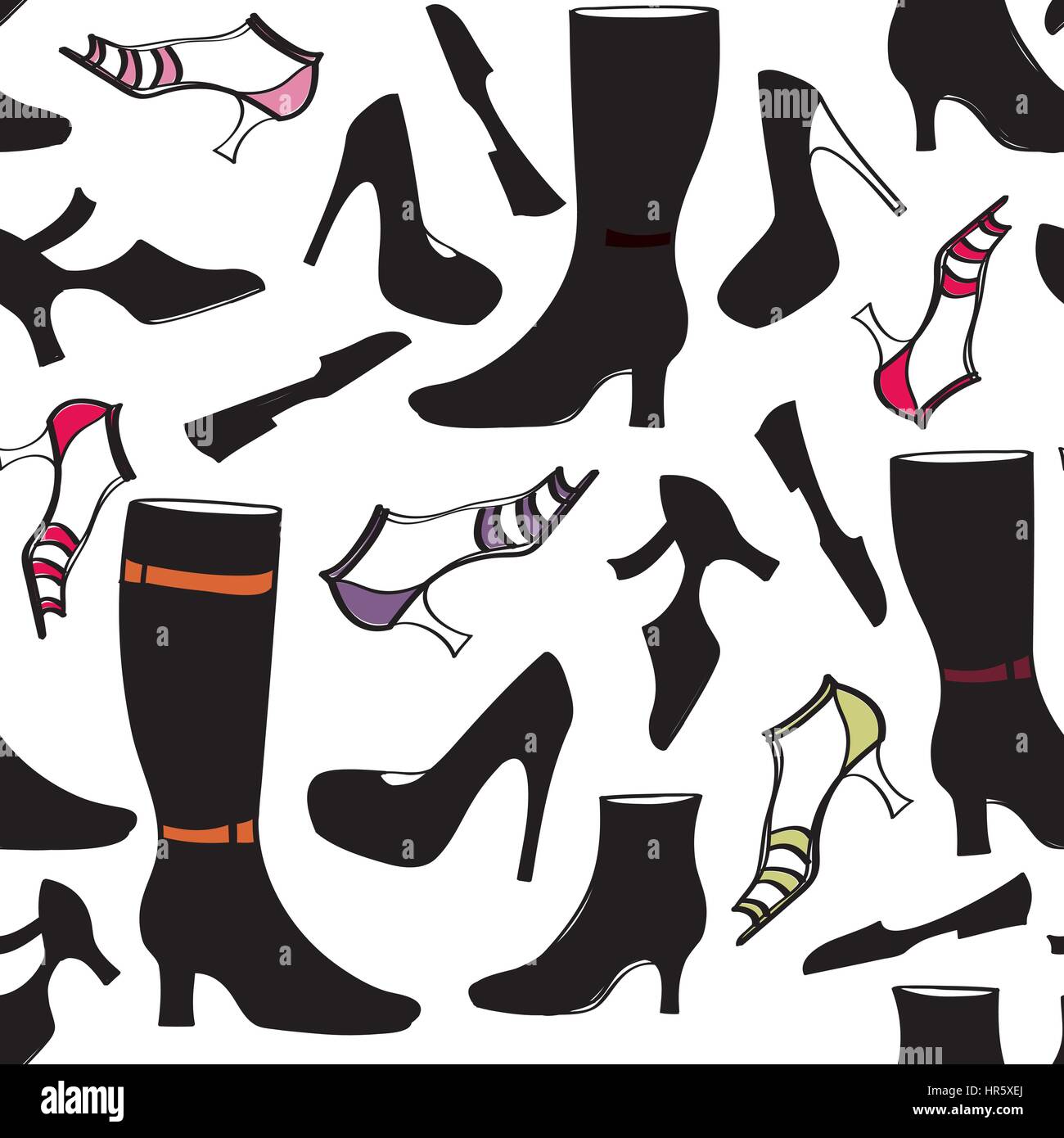 Icona di scarpe seamless pattern. calzature alla moda stivali sagome sullo sfondo Illustrazione Vettoriale