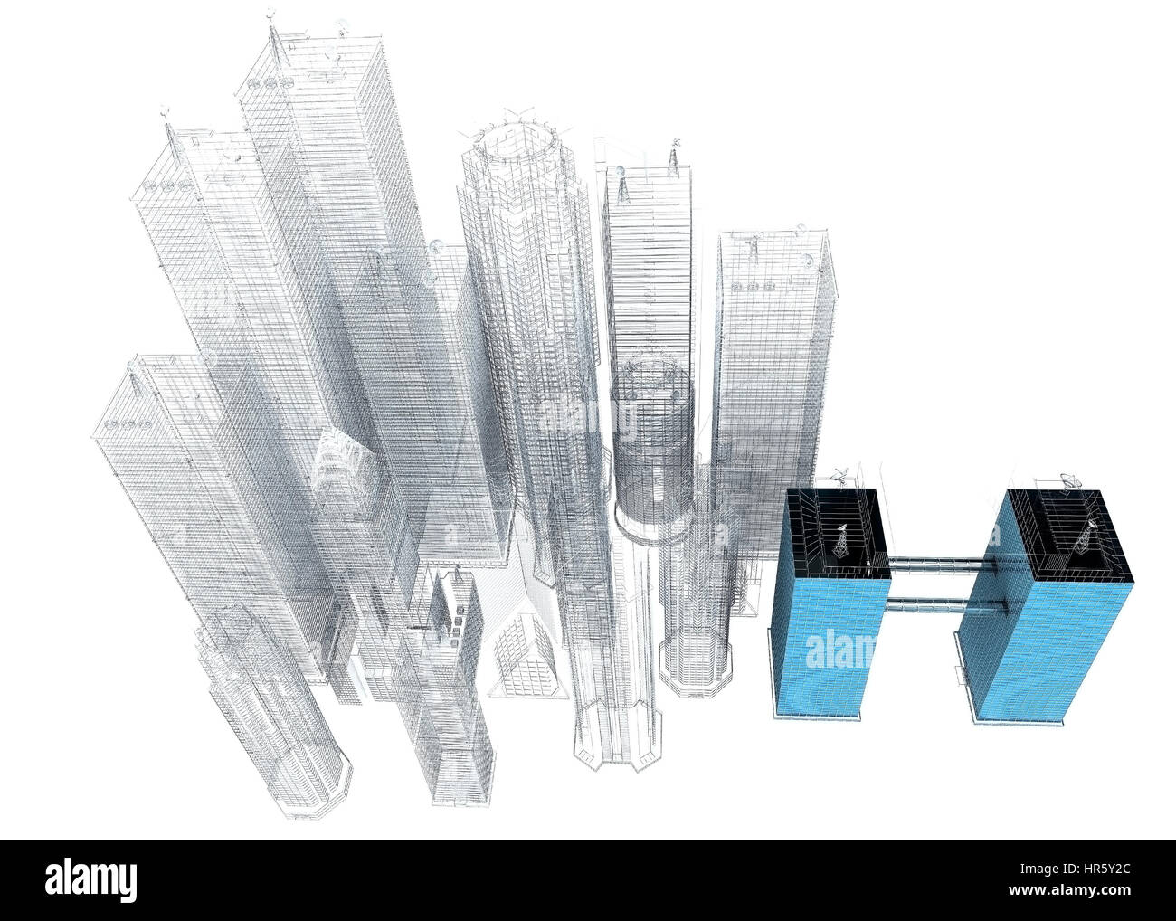 Tre dimensioni di stampa blu di edifici aziendali con un edificio solido nell'angolo mostra al campione i colori e texture dei piani Foto Stock