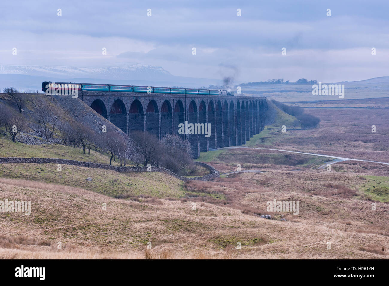 Locomotiva, No. 60163 Tornado, un nuovissimo Peppe A1 pacifico, viaggia attraverso il viadotto Ribblehead con snow-capped Pen-y-Ghent, oltre. Foto Stock