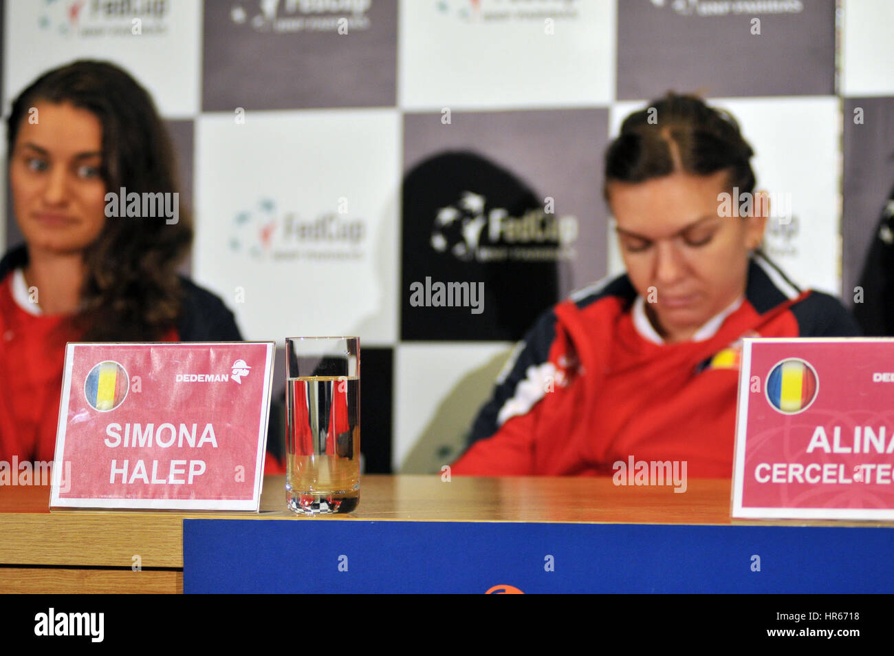 A Cluj Napoca, Romania - 13 Aprile 2016: i giocatori di Tennis di Simona Halep e Monica Niculescu rispondendo alle domande durante la conferenza stampa prima di Tennis Foto Stock