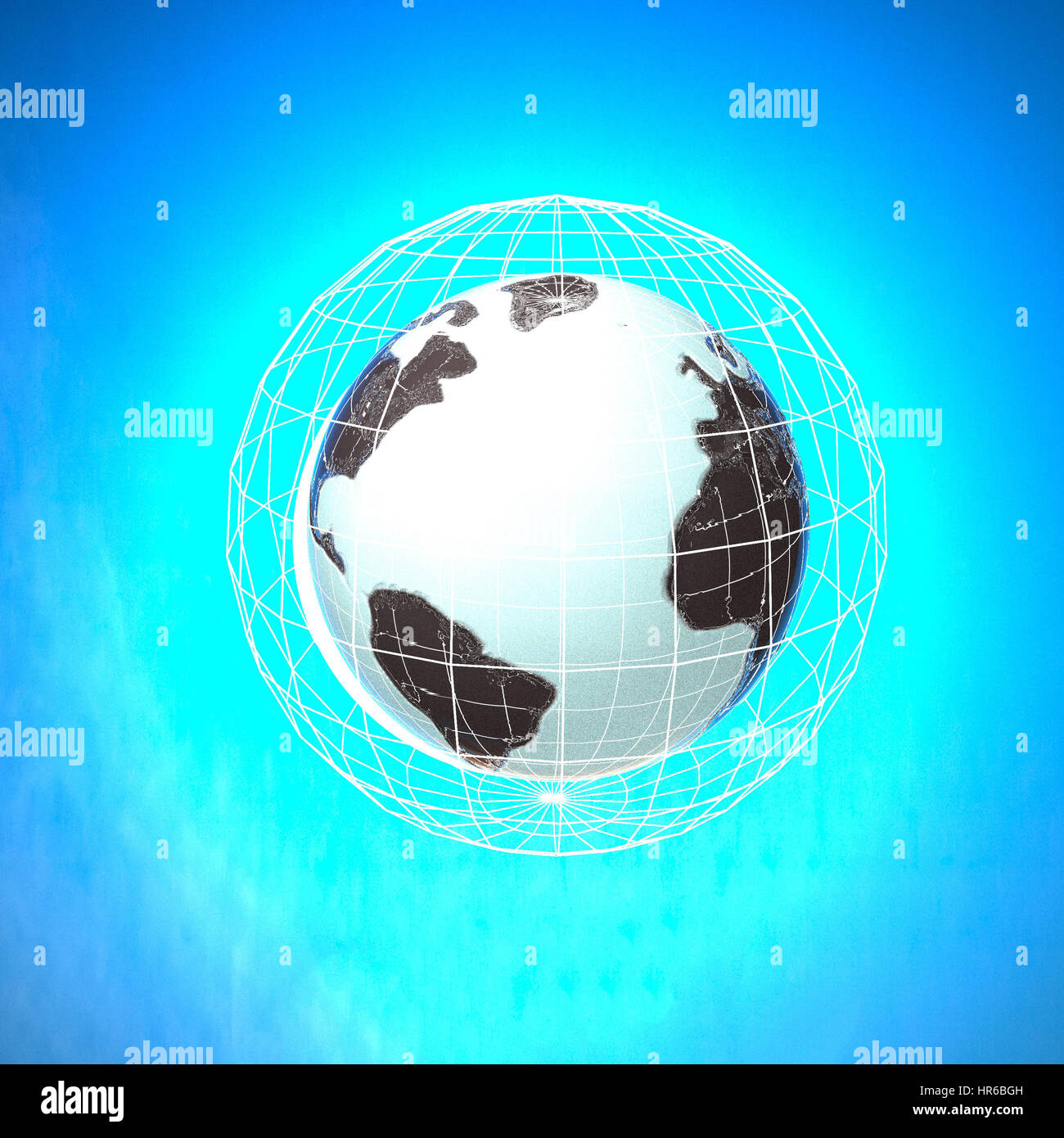 Il mondo in una rete su sfondo blu, rendering 3D Foto Stock