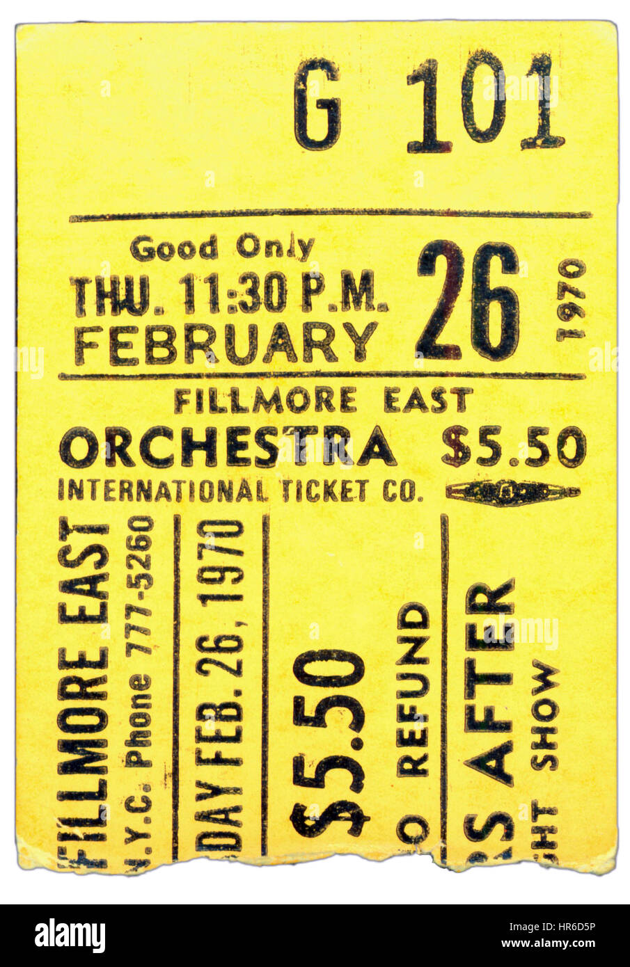 Stub del biglietto di dieci anni dopo aver eseguito at Fillmore East a New York City nel febbraio 26th, 1970 Foto Stock