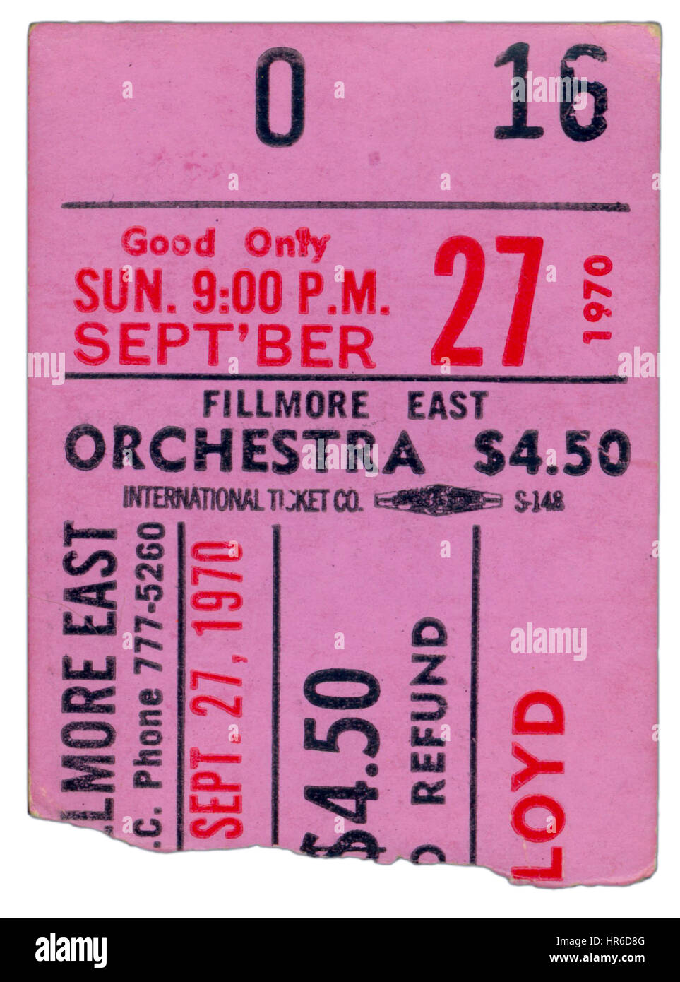 Ticket Stub del Pink Floyd performing at Fillmore East a New York City nel settembre 27th, 1970 Foto Stock