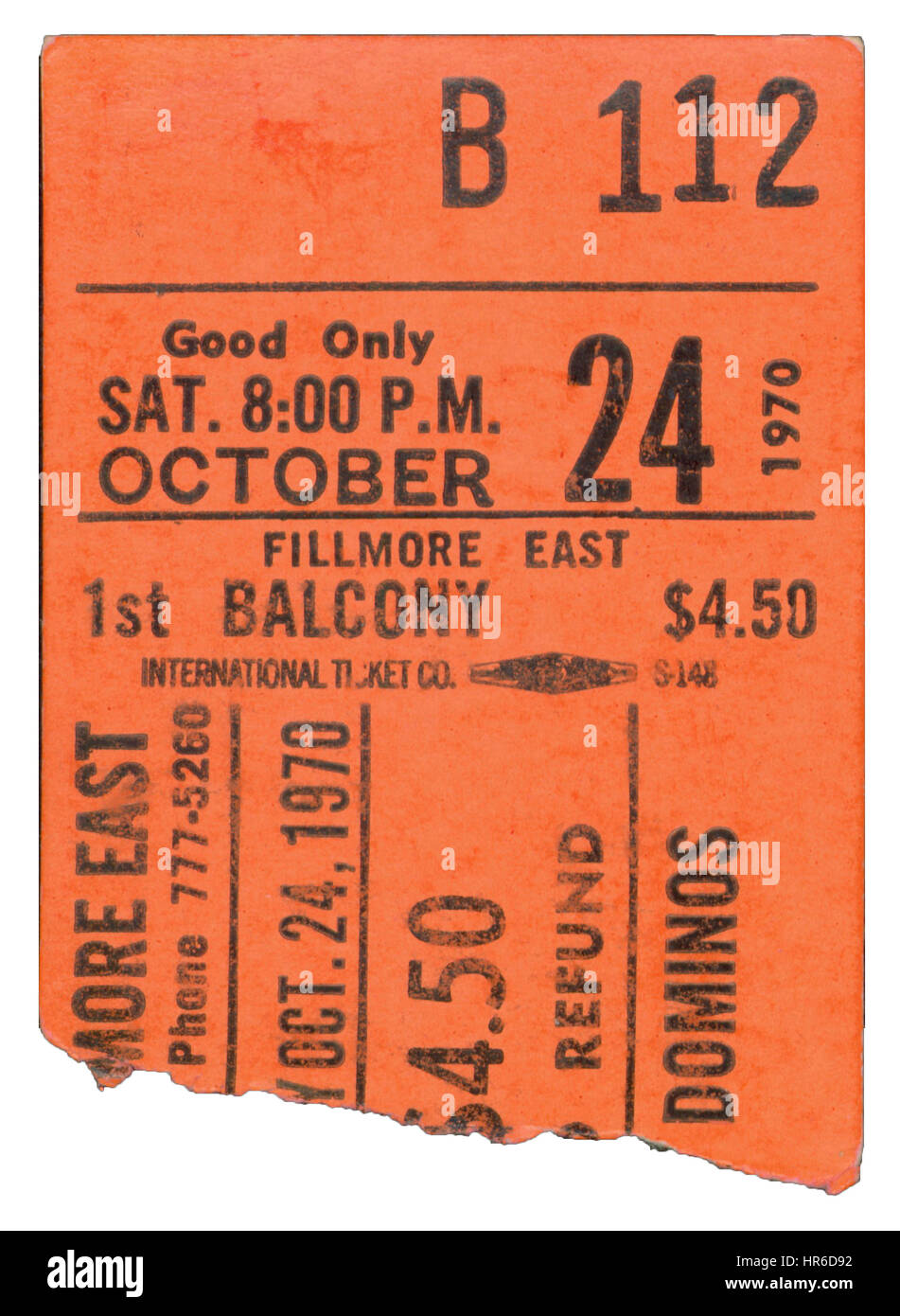 Biglietto di Stub Derek e il domino di eseguire at Fillmore East a New York City nel mese di ottobre 24th, 1970 Foto Stock