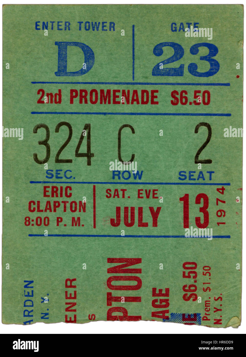 Ticket Stub del Eric Clapton effettuando al Madison Square Garden a New York City nel luglio 13th, 1974 Foto Stock