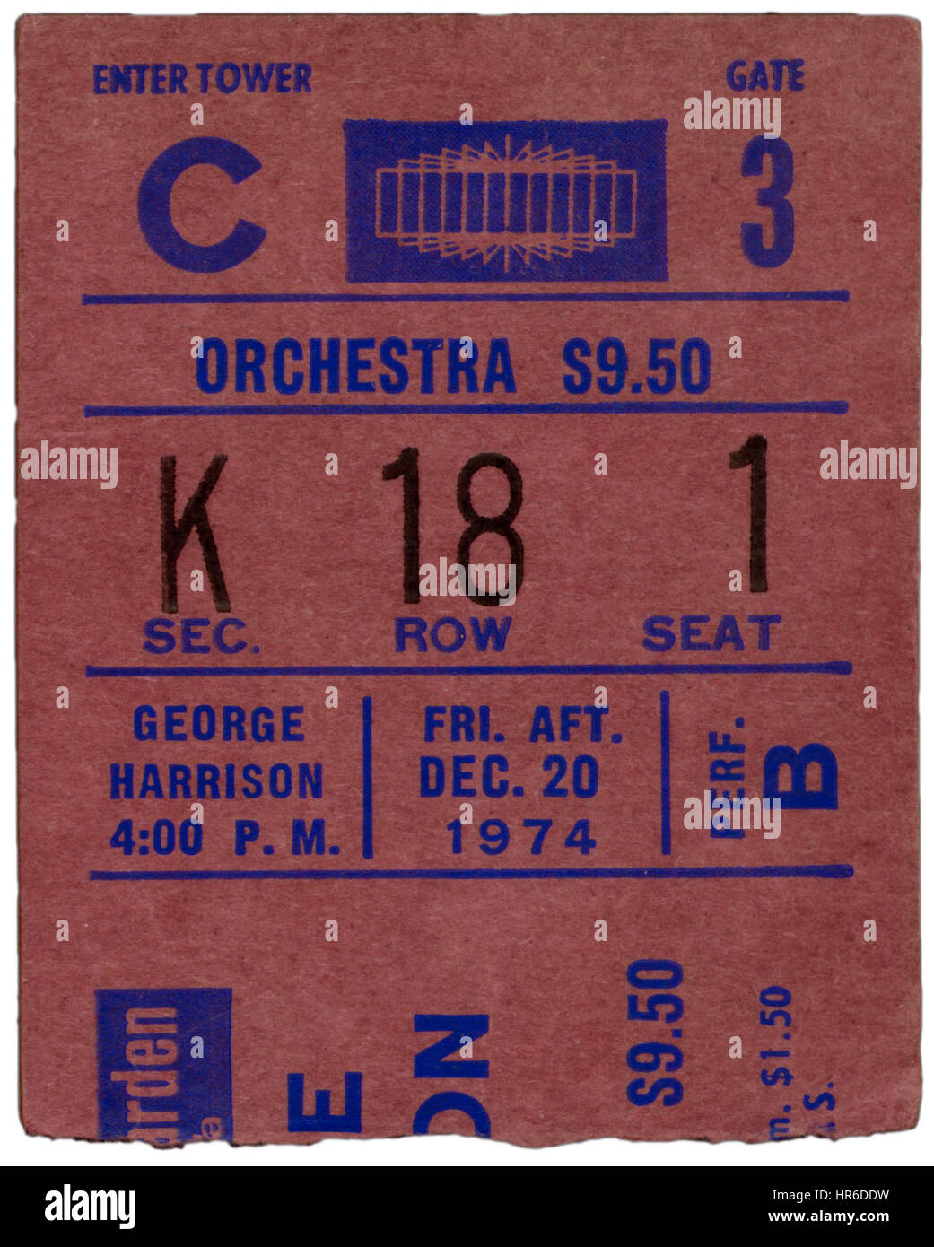 Ticket Stub del George Harrison in esecuzione al Madison Square Garden a New York City nel dicembre 20th, 1974 Foto Stock