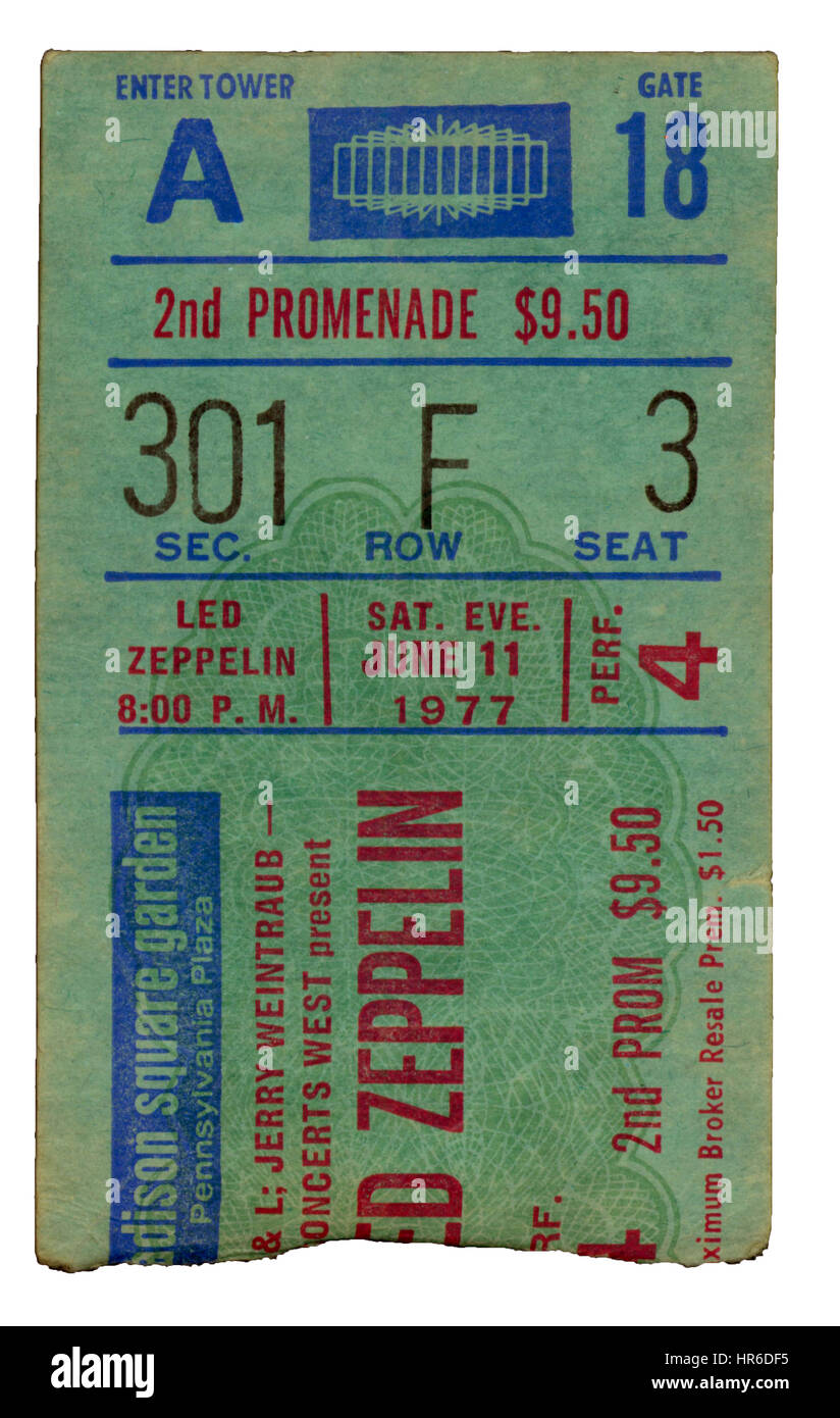Ticket Stub del Led Zeppelin in esecuzione al Madison Square Garden di New York il 11 giugno 1977 Foto Stock