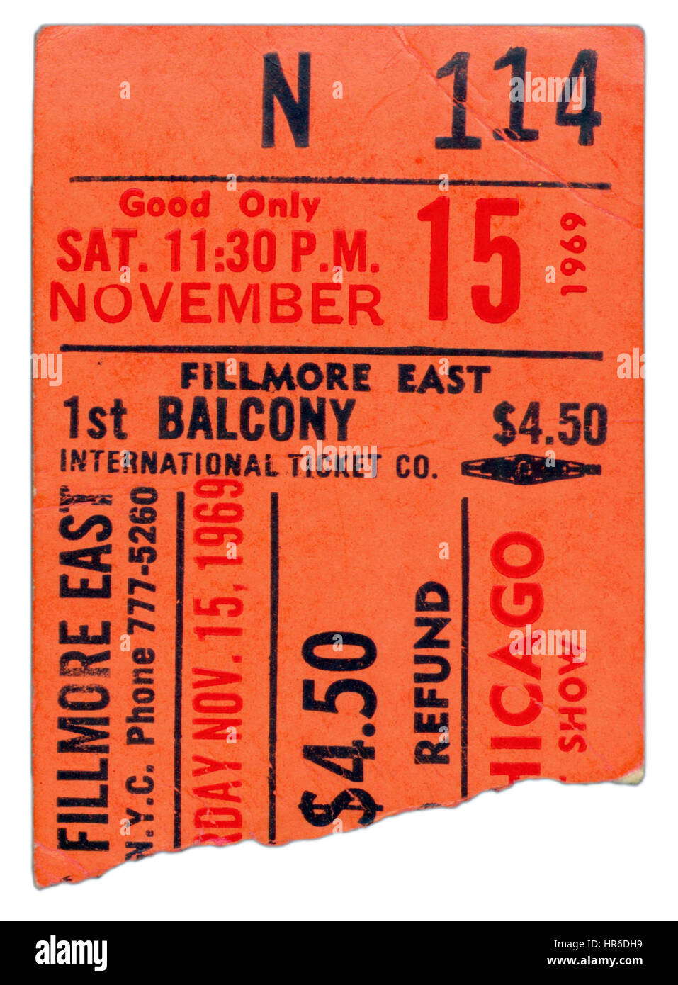 Ticket Stub del Johnny Winter eseguendo at Fillmore East a New York City nel novembre 15th, 1969 Foto Stock